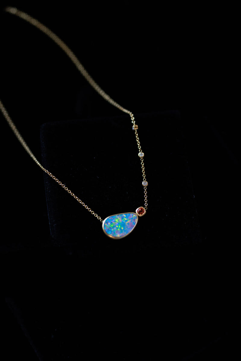 Boulder Opal, Peach Sapphire and Diamond Necklace